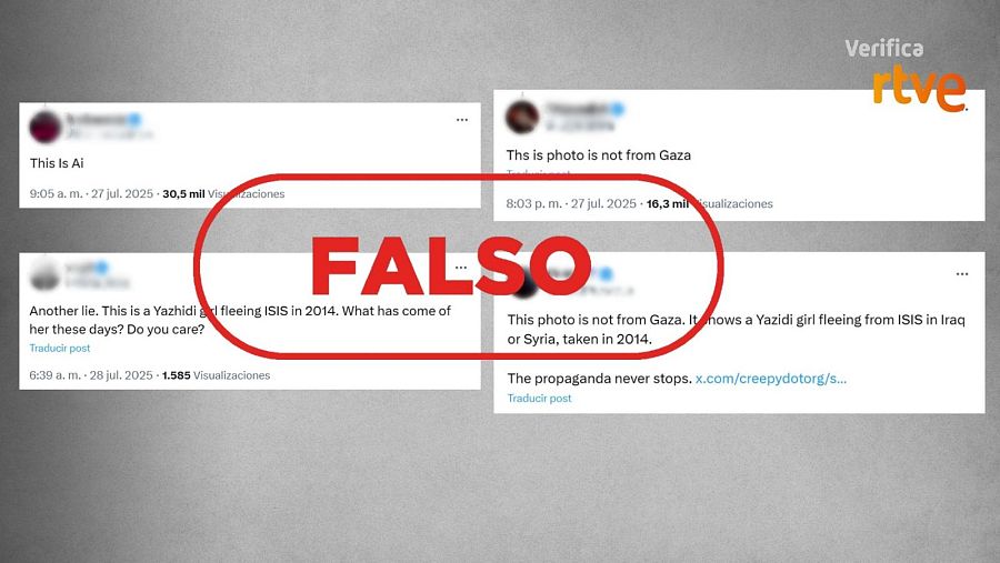 Publicaciones que difunden afirmaciones falsas sobre la foto real de la niña en un reparto de comida en Gaza