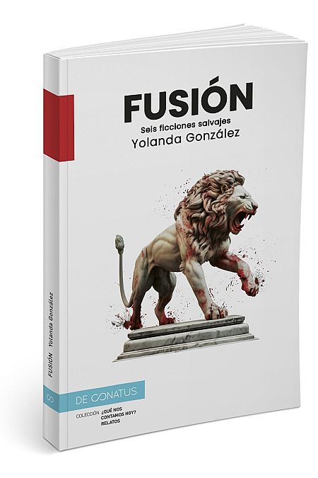 Portada de libro con ilustración de león blanco manchado de rojo sobre pedestal, título 