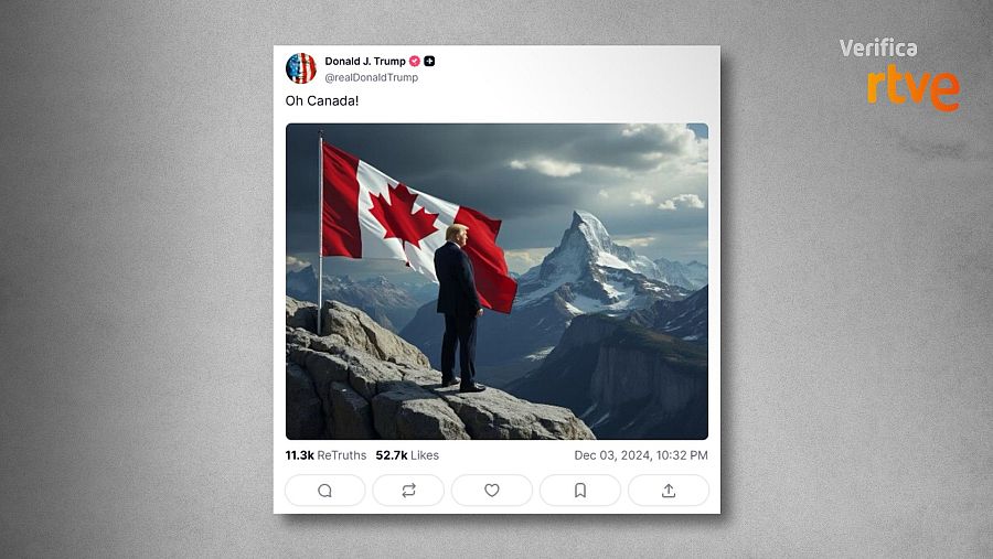 Imagen publicada por Trump tras bromear con que Canadá debería unirse a Estados Unidos