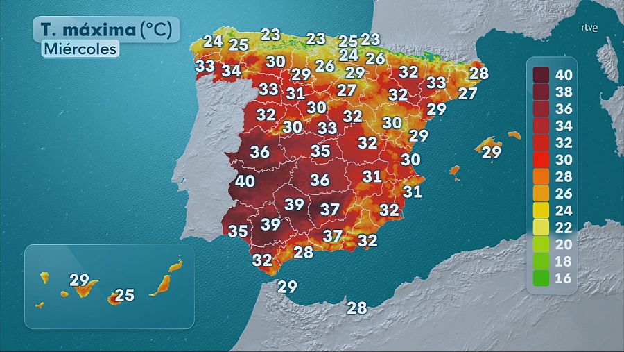 Previsión de las temperaturas máximas en la península y las islas Canarias y Baleares para este miércoles 30 de julio