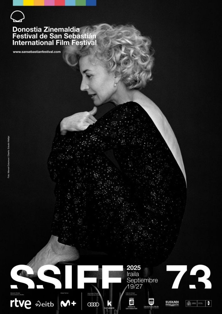 Cartel del Festival de San Sebastián 2025 (19-27 septiembre).  Fotografía b/n de Isabelle Huppert.  Incluye logotipos de patrocinadores y la web del festival.