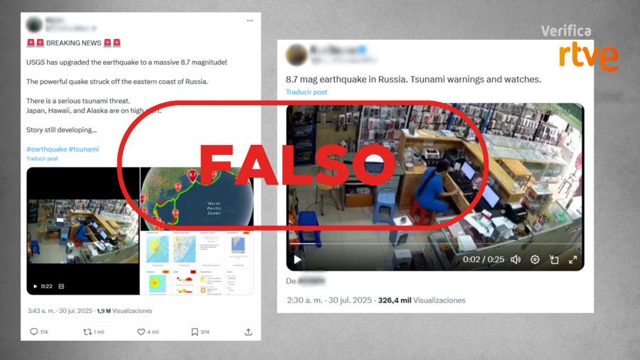 Publicaciones que comparten un vídeo en Myanmar y lo presentan como si fuera el terremoto actual en Rusia