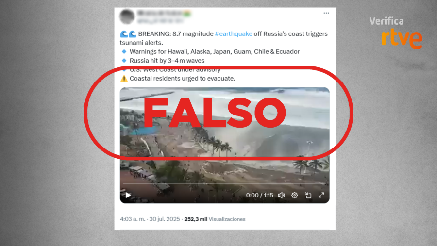 Mensaje de X que difunde la falsa idea de que este vídeo guarda relación con el terremoto en Kamchatka