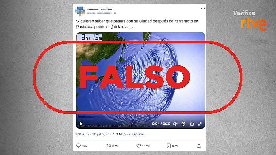 Mensaje de X que presenta una animación de 2011 como si correspondiera al terremoto de Kamchatka