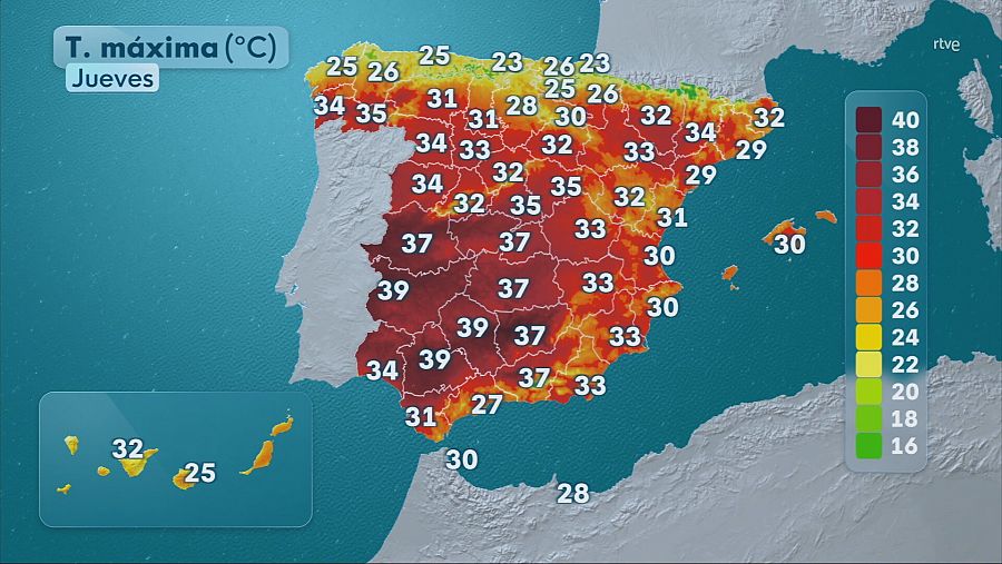 Mapa con el pronóstico de temperaturas máximas para la península e islas Canarias y Baleares para el jueves 31 de julio