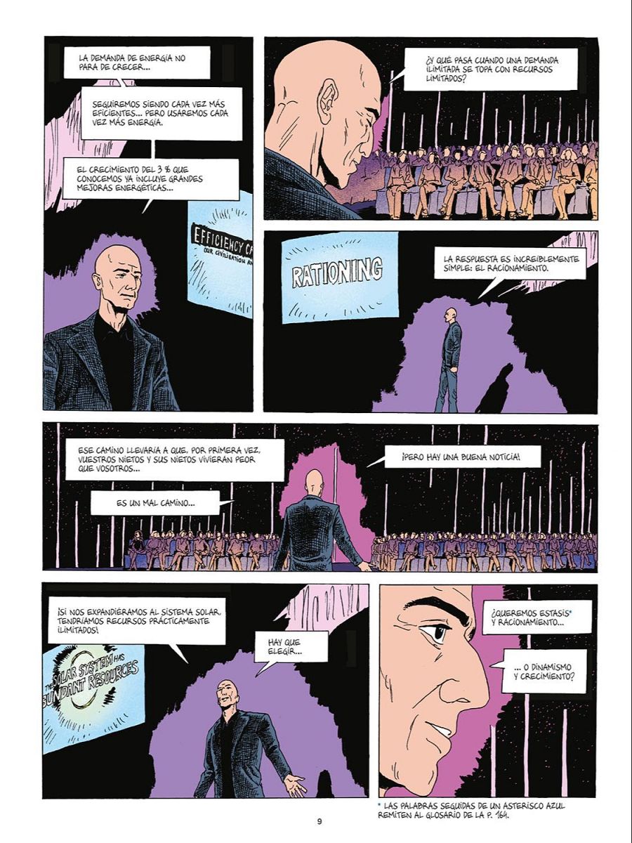 Un hombre calvo presenta una problemática sobre recursos limitados y demanda energética ilimitada, proponiendo la colonización espacial como alternativa al racionamiento, planteando una disyuntiva entre 'estasis' y 'dinamismo'.