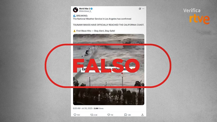 Mensaje que difunde varios vídeos antiguos y los presenta como un tsunami actual en California