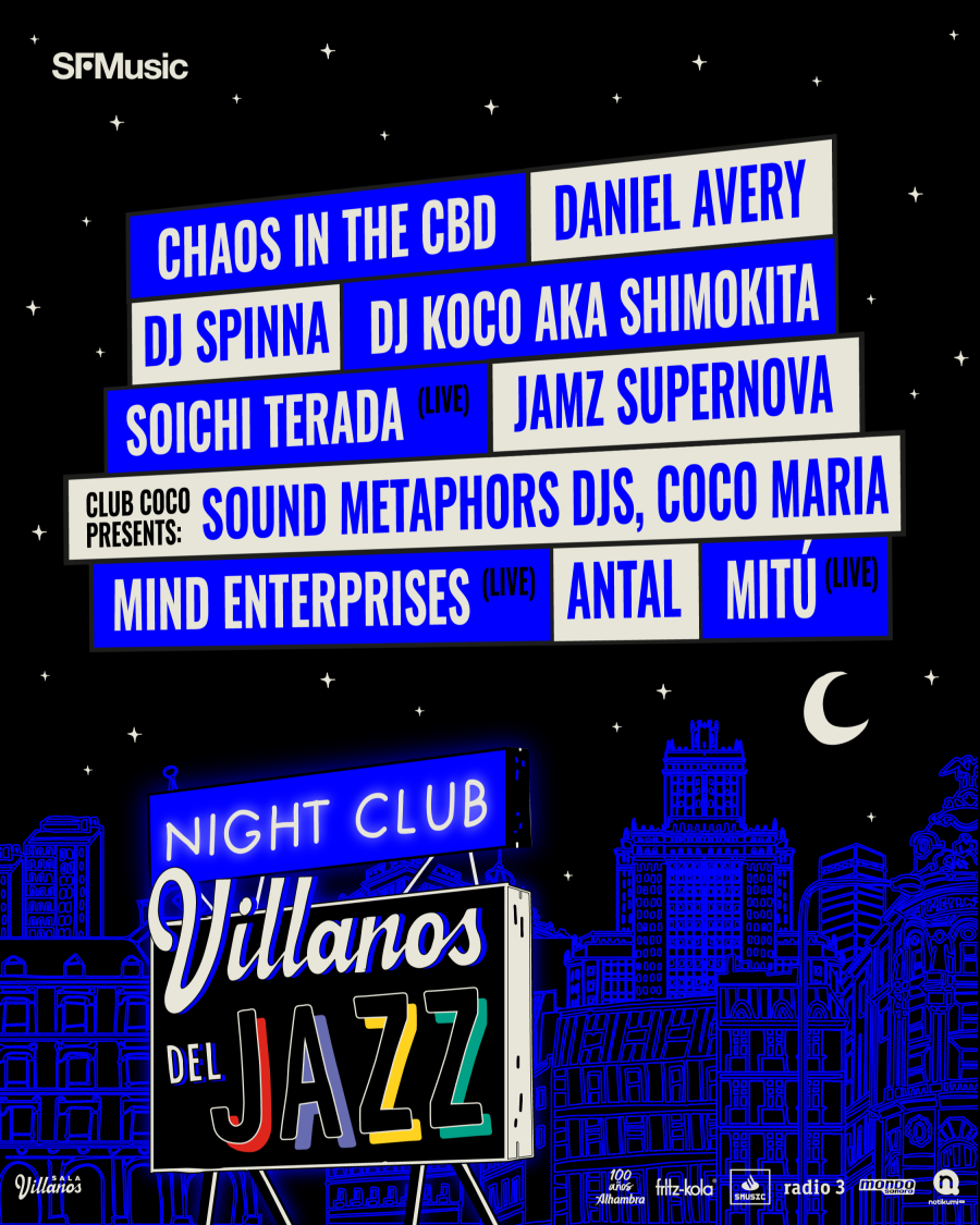 Cartel de evento musical con varios DJs y artistas en directo. Fondo oscuro con texto blanco y colores vibrantes. Patrocinado por varias marcas.