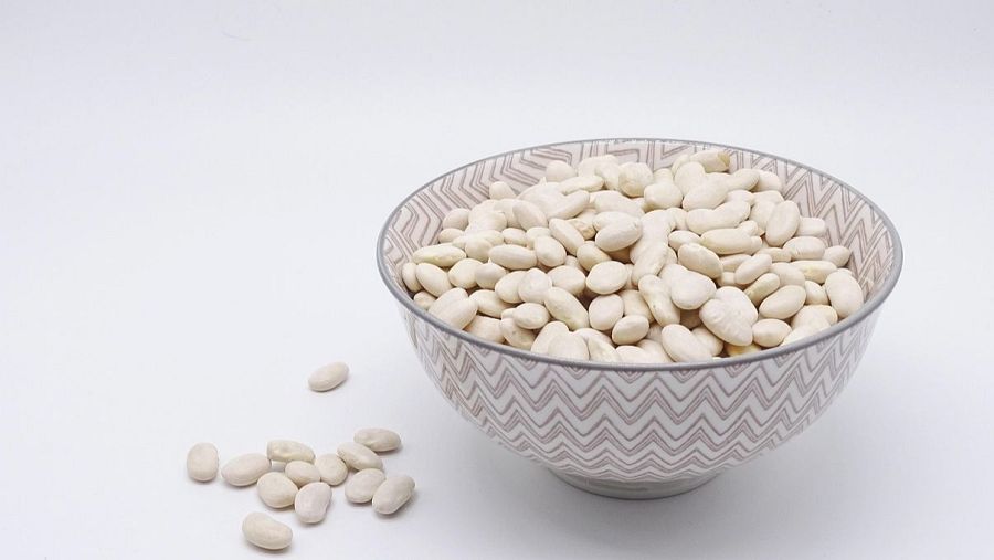Tazón con diseño gris en zigzag, casi lleno de alubias blancas; algunas alubias fuera del tazón sobre superficie blanca.