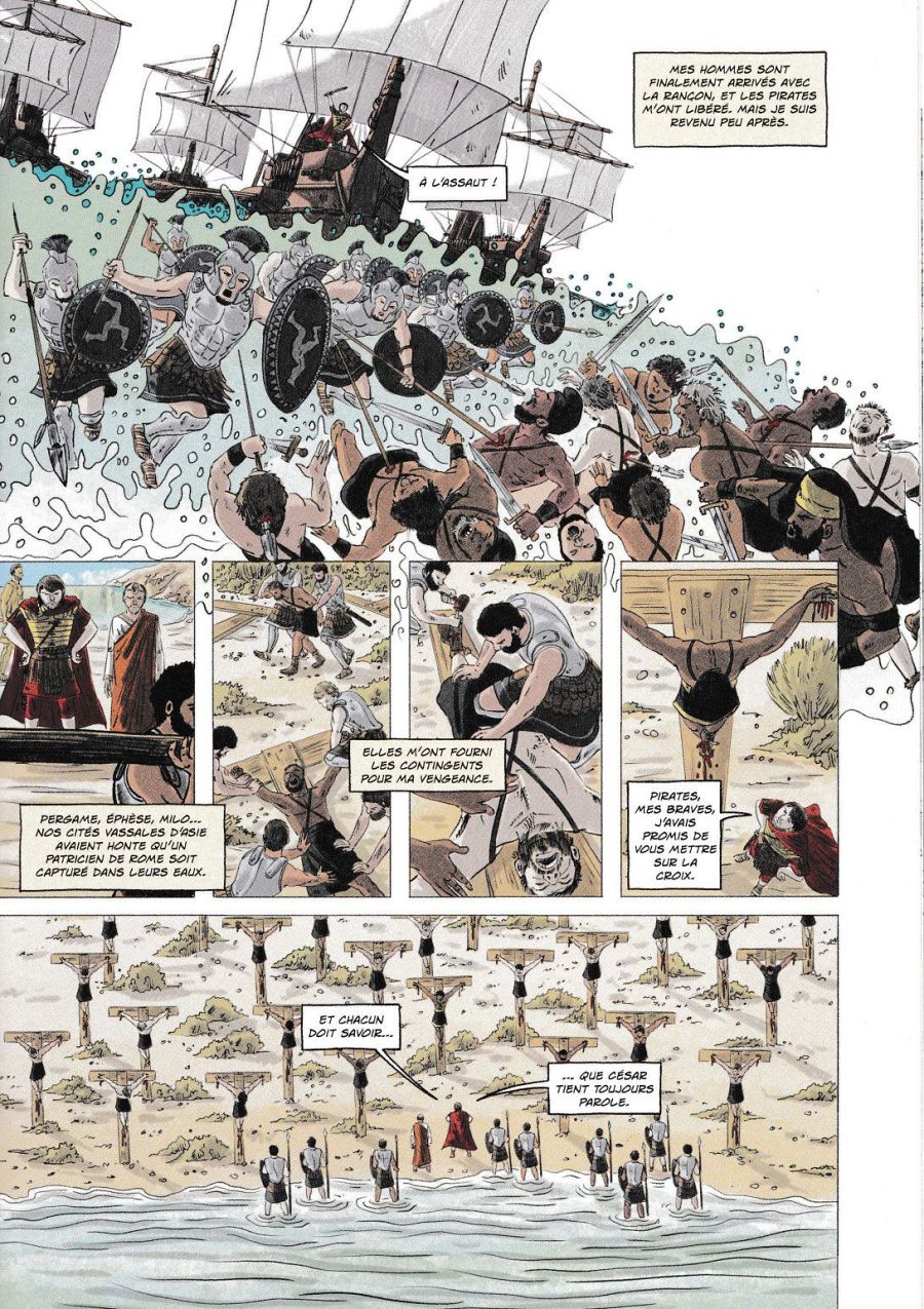 Escenas de batalla naval, ejecuciones y diálogos en francés que narran la venganza de César contra piratas, mostrando la ayuda recibida y su promesa cumplida.