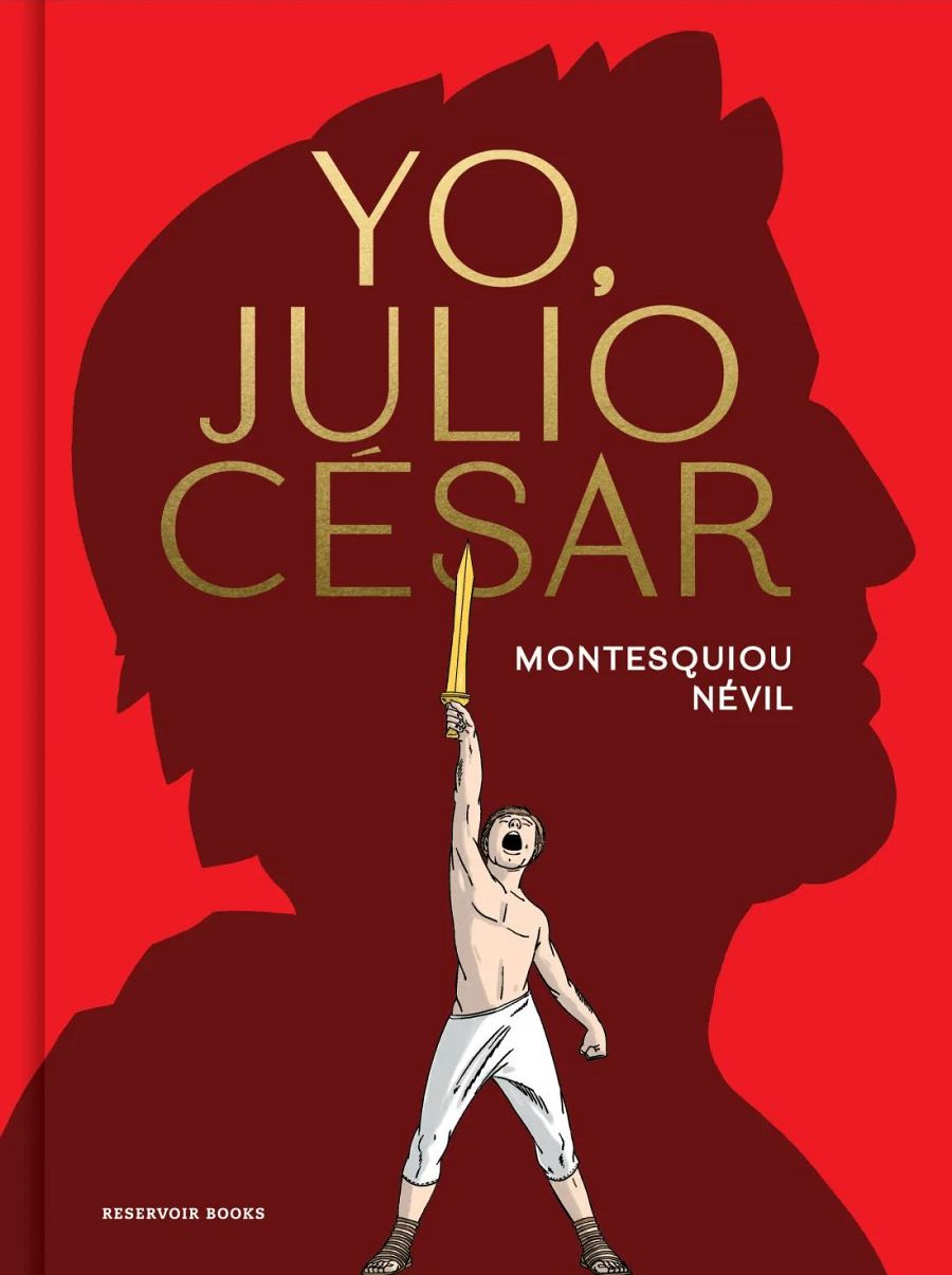 Portada de cómic: joven con espada dorada sobre fondo rojo y silueta de rostro. Título en letras doradas, autores en blancas. Estilo gráfico europeo.