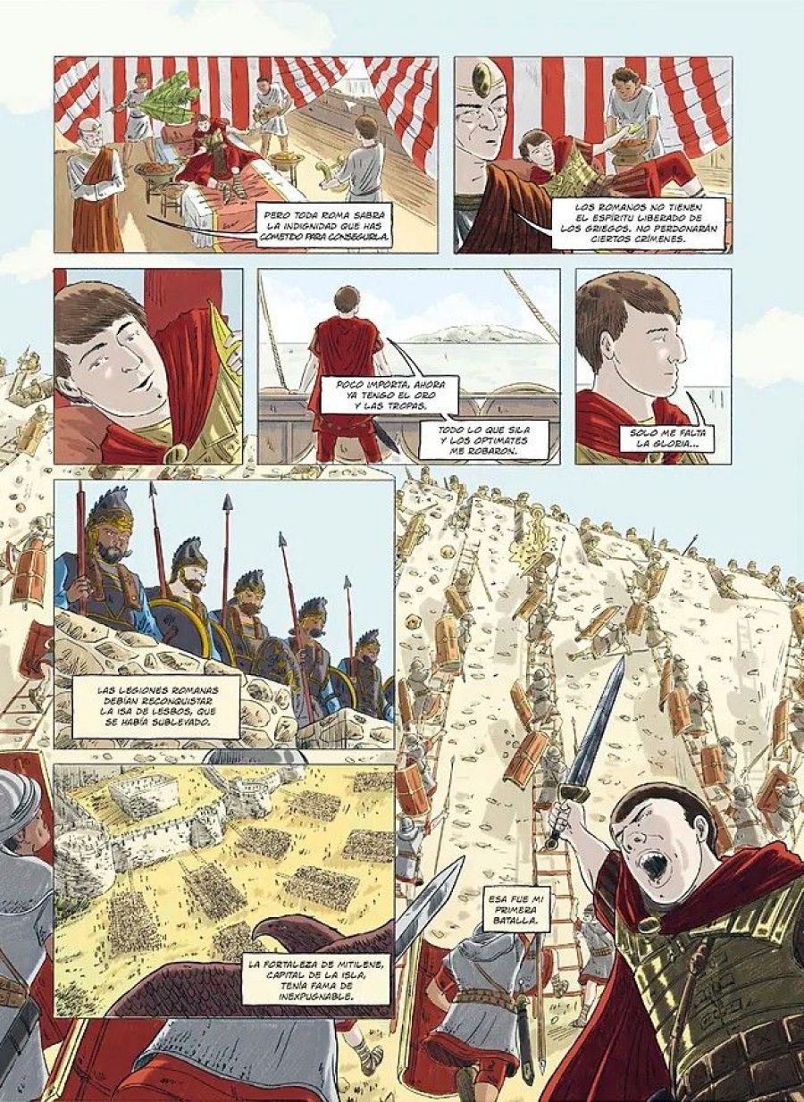 Seis viñetas de un cómic muestran la vida de Julio César: desde una lesión hasta su primera batalla, con diálogos y descripciones de eventos militares en Lesbos.