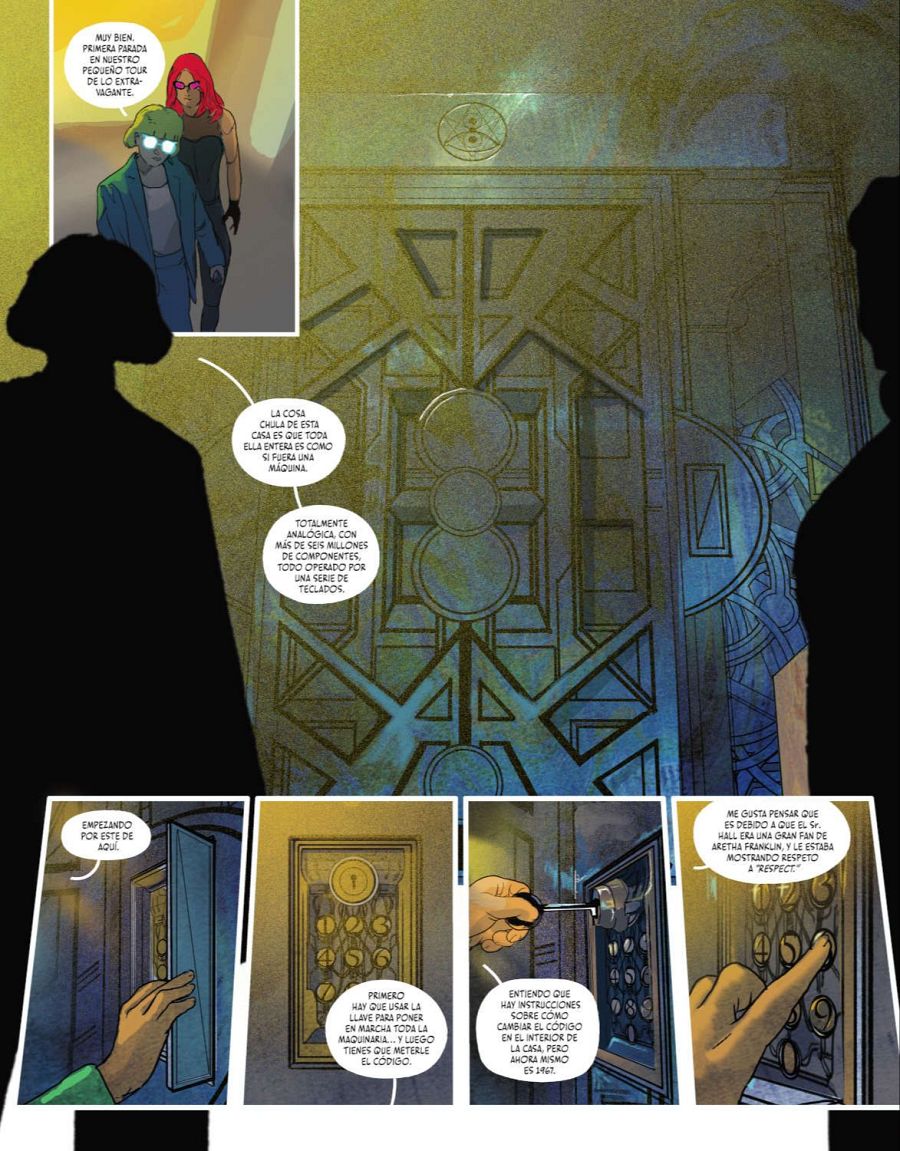 Viñetas de 'Spectregraph' mostrando personajes ante una compleja máquina analógica, con un código numérico (1467) introducido en un teclado como parte de su activación.