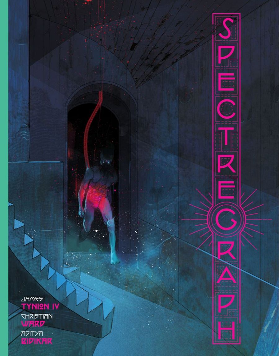 Portada de cómic: personaje humanoide rojizo con cables rojos, saliendo de una puerta arqueada en un entorno oscuro.  Autores en la esquina inferior izquierda.