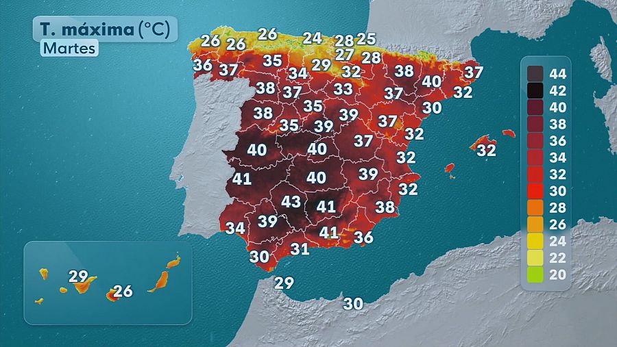 Mapa de las temperaturas máximas este martes