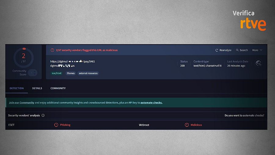 Resultado de la herramienta de análisis Virus Total