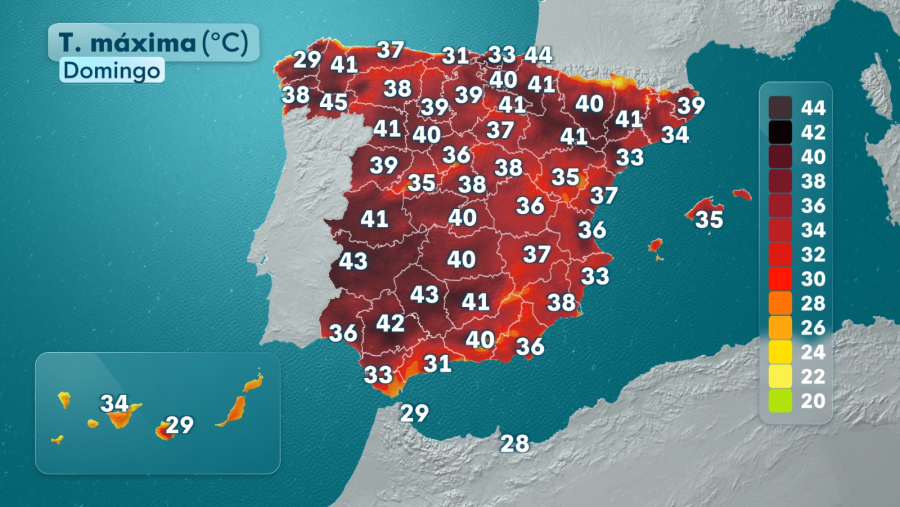 Predicción de temperaturas máximas en España para un domingo, con escala de colores (20-44°C).  Se muestran las temperaturas por regiones, siendo más altas en el interior.