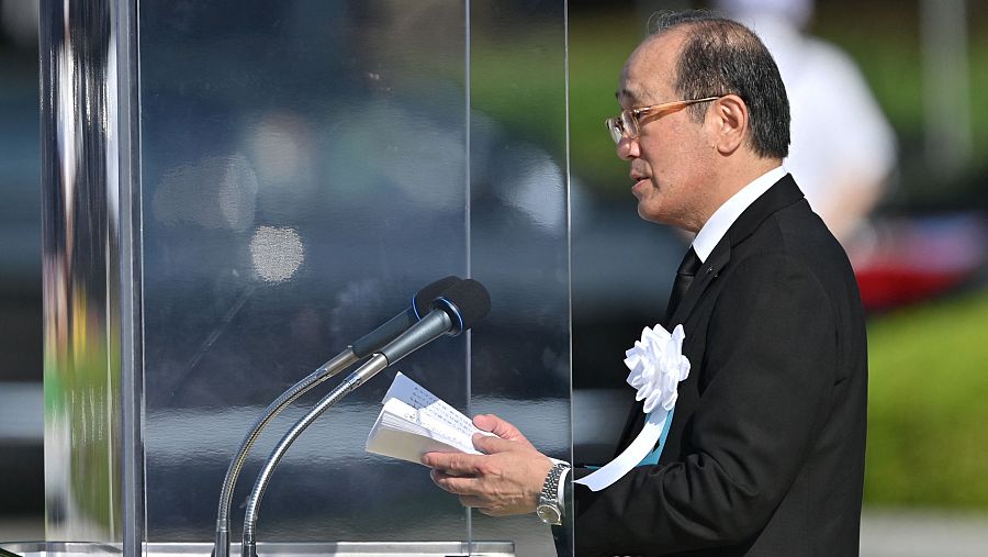 El alcalde de Hiroshima, Kazumi Matsui, durante el 80 aniversario de la bomba atómica