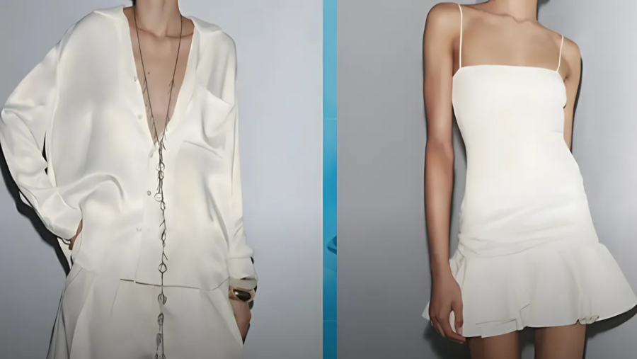 Dos modelos con ropa blanca de Zara posan en dos fotos. Una camisa satinada abierta con collar y un vestido corto con tirantes son las prendas mostradas.