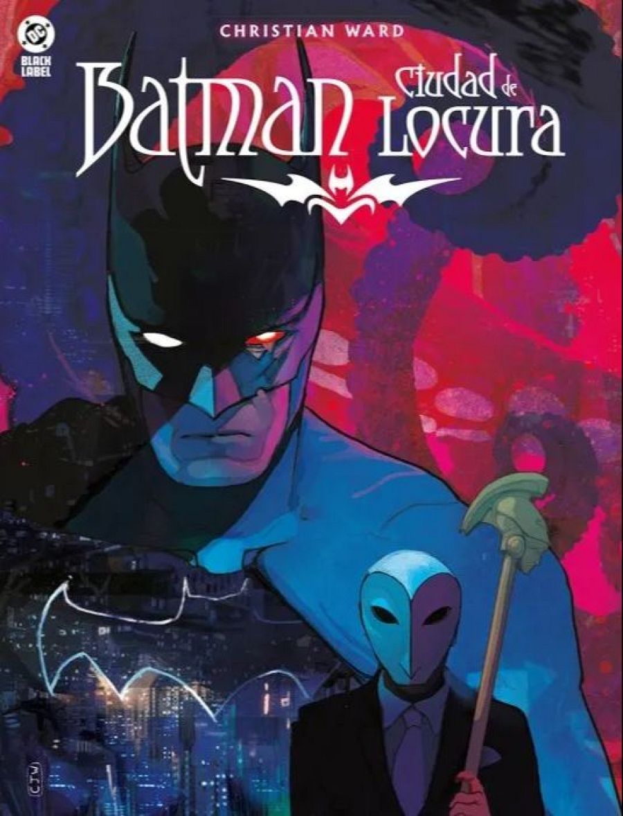 Portada de cómic: Batman en primer plano sobre una ciudad nocturna, con un personaje enmascarado con hacha al fondo.  Atmósfera oscura y colores intensos.