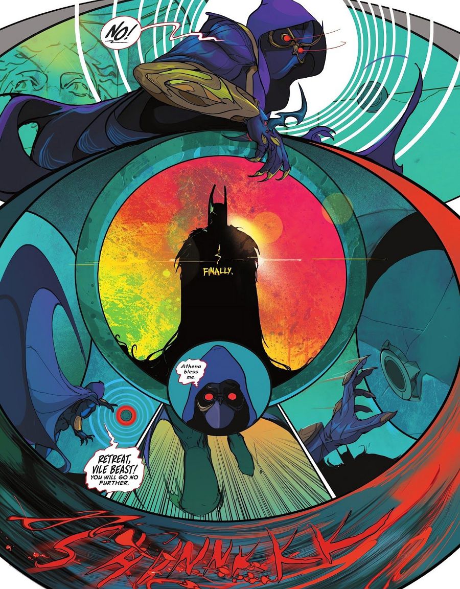 Intensa escena de cómic: Batman, silueteado, se enfrenta a personajes encapuchados en una composición dinámica con colores vibrantes y bocadillos de diálogo.
