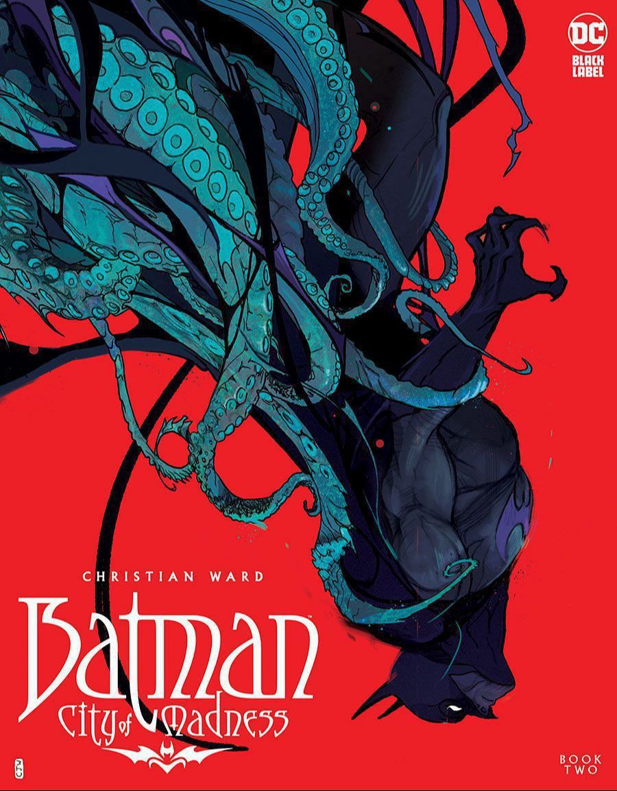 Portada de cómic: Batman, cabeza abajo, atrapado por tentáculos sobre fondo rojo. Título 