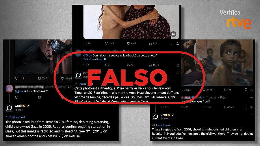 Mensajes de Grok que afirman falsamente que estas imágenes de niños desnutridos no se corresponden con el conflicto en Gaza