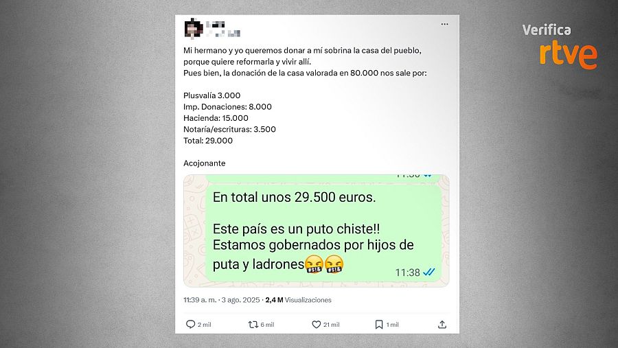 Mensaje de X que difunde un coste de 29.000 euros por donar una vivienda de 80.000 euros.