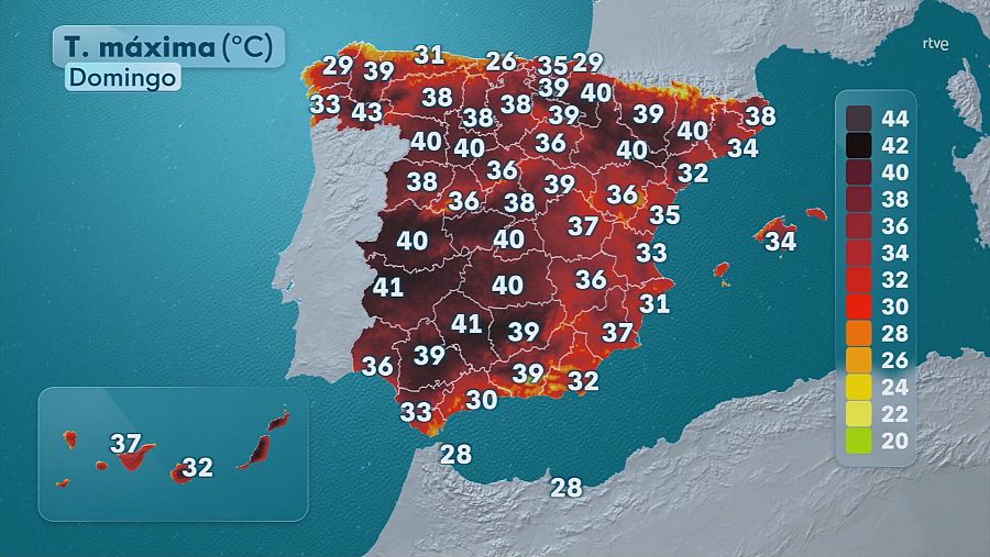 Mapa con el pronóstico de las temperaturas máximas en la península y las islas para el domingo 10 de agosto