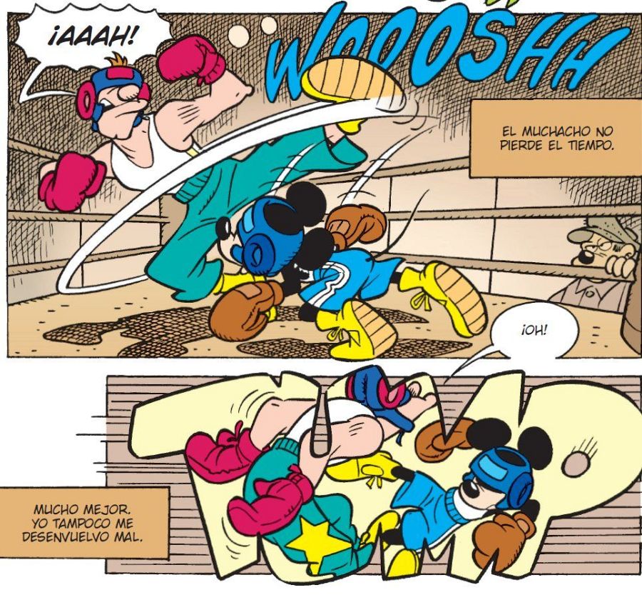 Viñetas de cómic: Mickey Mouse, en pelea de boxeo, recibe un golpe y luego derriba a su oponente. Un espectador observa.