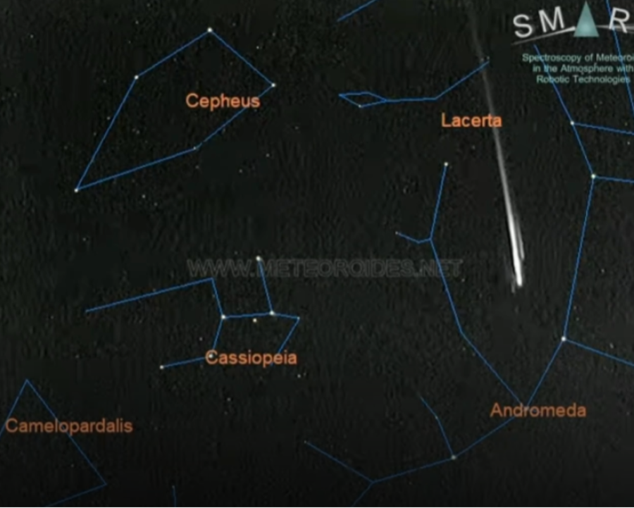 Imagen de una estela brillante en el cielo nocturno, con constelaciones marcadas y la URL www.meteoroides.net. El acrónimo SMART indica posible origen en un sistema de monitoreo.