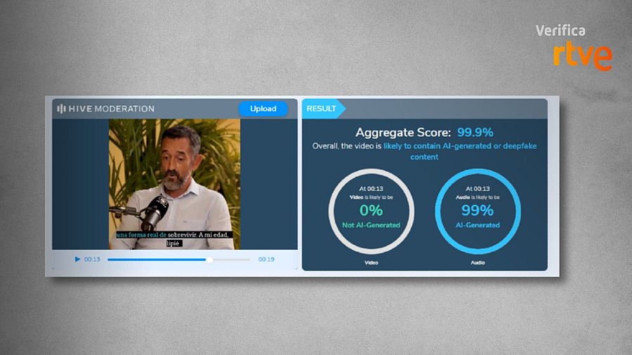 Resultado de la herramienta que concluye contenido generado por IA en el vídeo