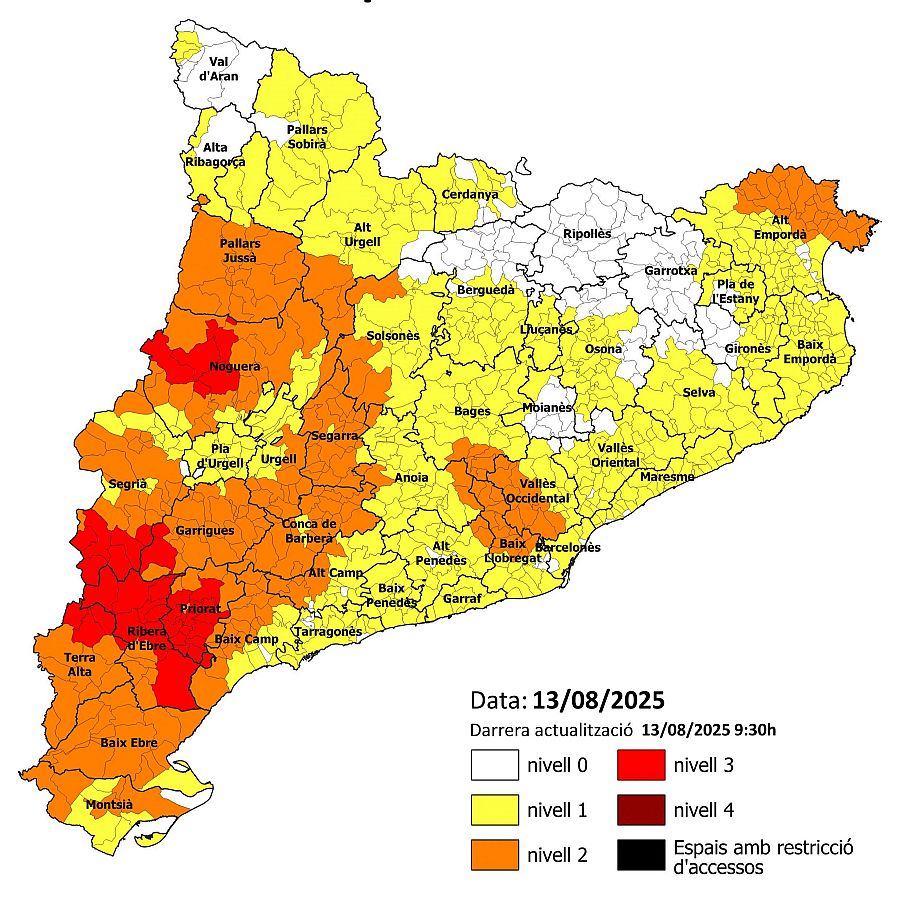 Mapa del pla Alfa de risc d'incendi a Catalunya del 13 d'agost de 2025