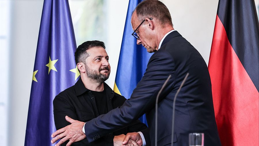 Zelenski y Merz, en una rueda de prensa en Berlín