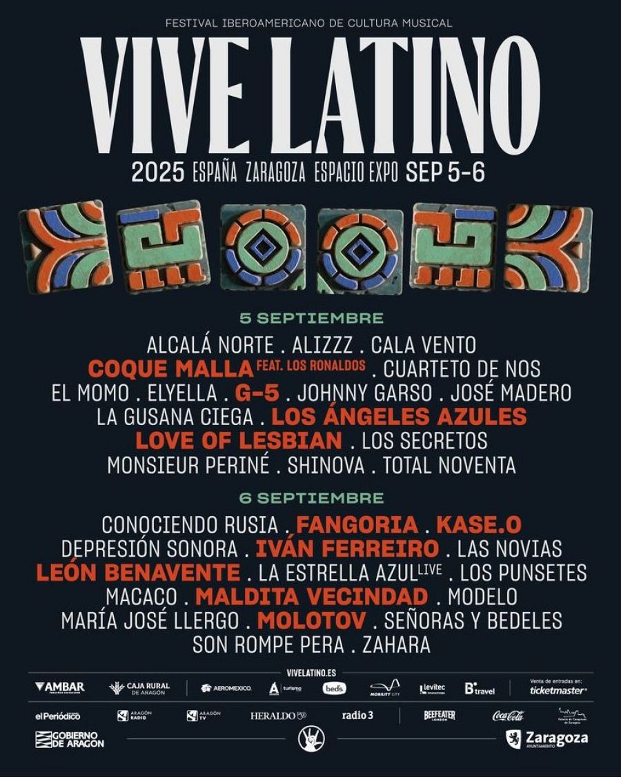 Cartel del festival Vive Latino 2025 en Zaragoza (5 y 6 de septiembre).  Incluye lista de artistas por día y patrocinadores como Ambar y Caja Rural de Aragón.