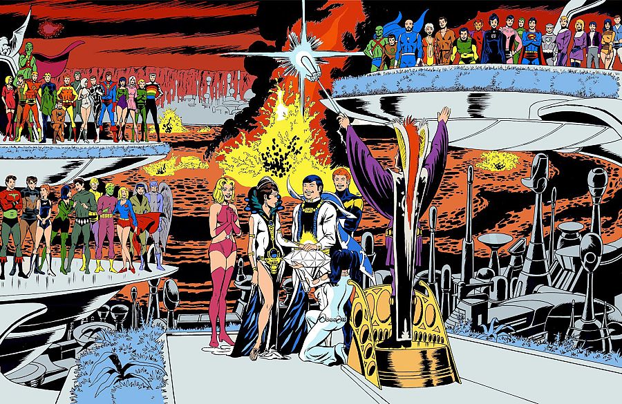 Ceremonia futurista con pareja central vestida de blanco y azul, oficiante con túnica morada y roja, y asistentes en plataformas flotantes. Objeto brillante en primer plano.