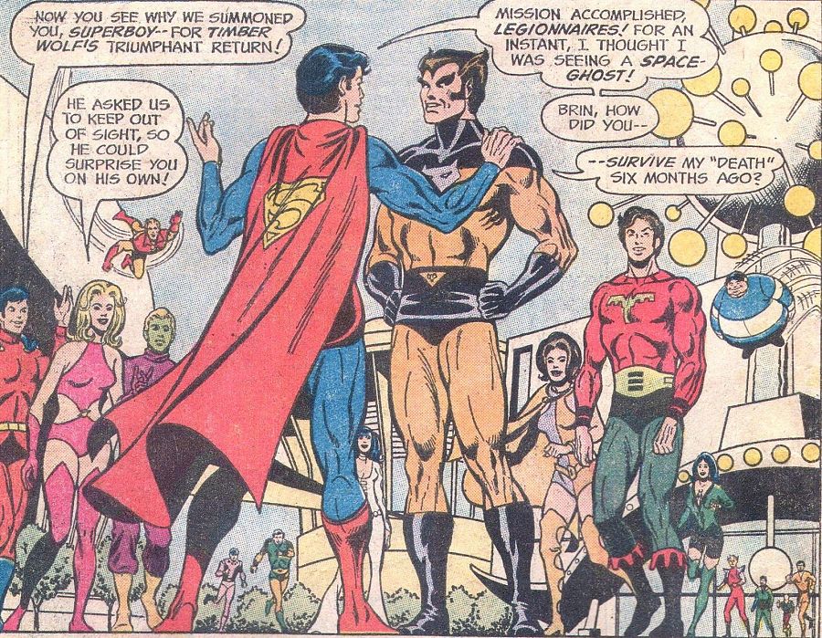 Regreso triunfal de Timber Wolf en viñeta de cómic. Superboy y otros legionarios reaccionan con sorpresa.  Textos indican una misión cumplida y un regreso sorpresa planeado.