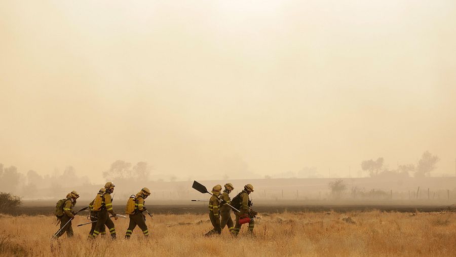 Varios bomberos tratan de extinguir un fuego en Miñambres de la Valduerna, León