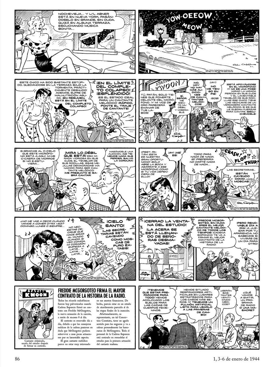 Viñetas de cómic mostrando a una mujer y al cantante Freddie McGorgoteo, cuyo contrato con la Cadena Soponcio es renovable diariamente por su salud precaria.  Se describe su delgadez extrema y el éxito de su contrato.