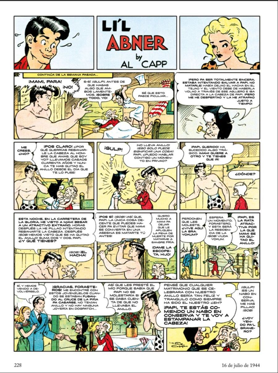 Viñetas humorísticas de 'Li'l Abner' donde Mamá Yokum intenta matar a su esposo,  un anillo perdido genera confusión, y un final sorprendente resuelve el misterio.