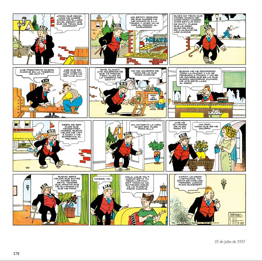 Jiggs, con un lazo en el dedo, busca recordar algo importante en una serie de viñetas de *Bringing Up Father* (25/07/1937).  Pregunta a varios personajes sin éxito, regresando a casa con el misterio sin resolver.