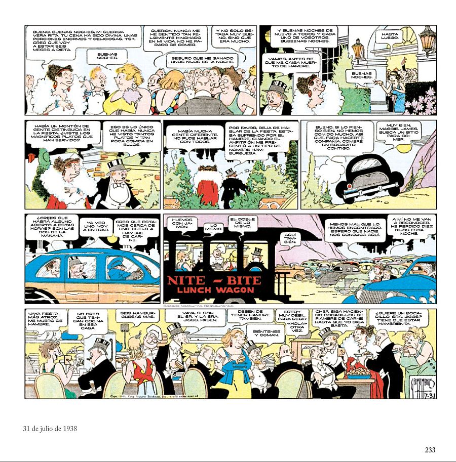 Viñetas de la tira cómica *Bringing Up Father* (31/07/1938) muestran a Jiggs y Maggie tras una cena abundante, quejándose de la cantidad de comida y buscando un lugar para comer más tarde.