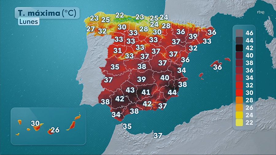 Mapa con el pronóstico de las máximas en la península e islas para este lunes 18 de agosto