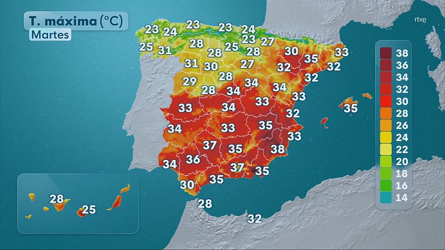 Mapa con el pronóstico de las máximas en la península e islas para este lunes 19 de agosto
