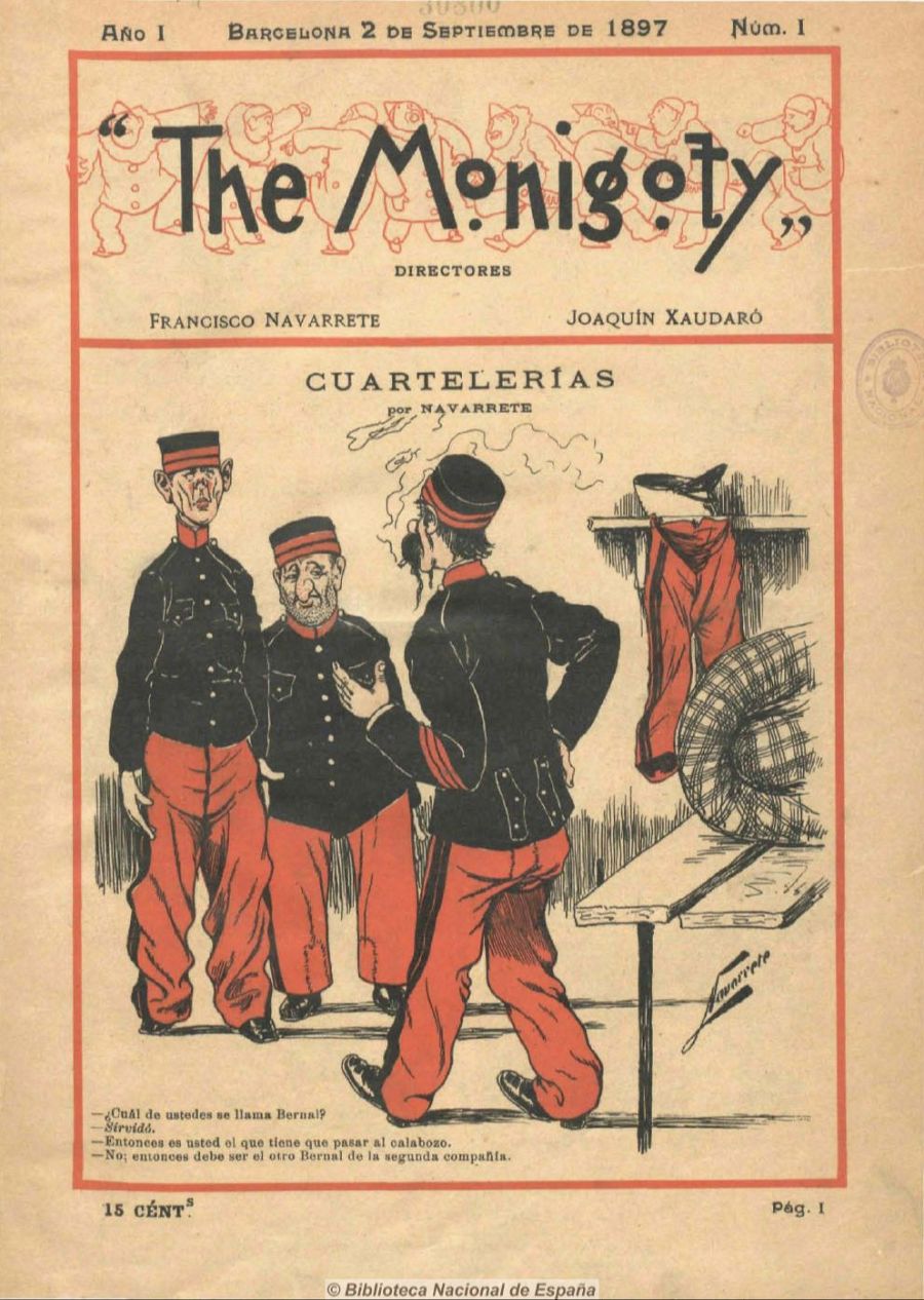 Portada de la revista *The Monigoty* (Barcelona, 1897), con viñeta militar de Navarrete, diálogo entre personajes y precio: 15 céntimos.