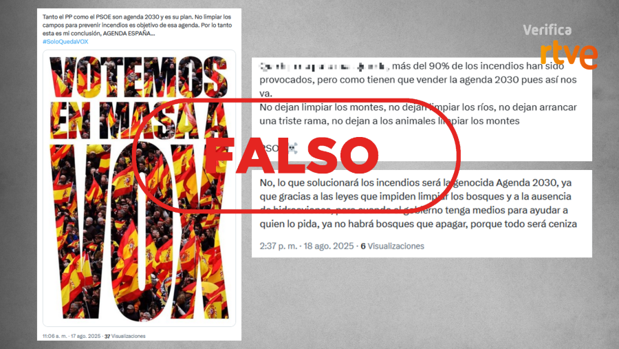 Mensajes de redes sociales que difunden la falsa idea de que la Agenda 2030 prohíbe limpiar los montes