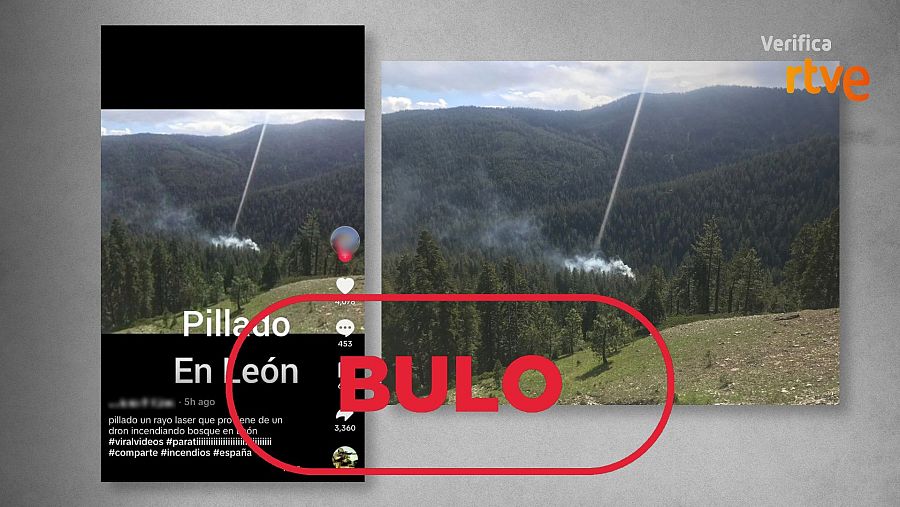 Publicación que difunde el bulo de que el origen del incendio en León es un láser de un dron militar