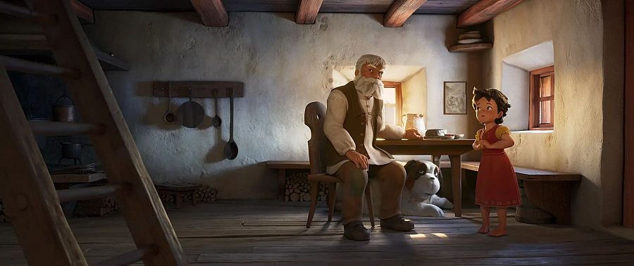 Escena de cabaña rústica: Heidi (vestido rojo) habla con su abuelo (chaleco marrón); Niebla, el perro, está cerca.  Detalles de la casa: escalera, utensilios de cocina, ventana.