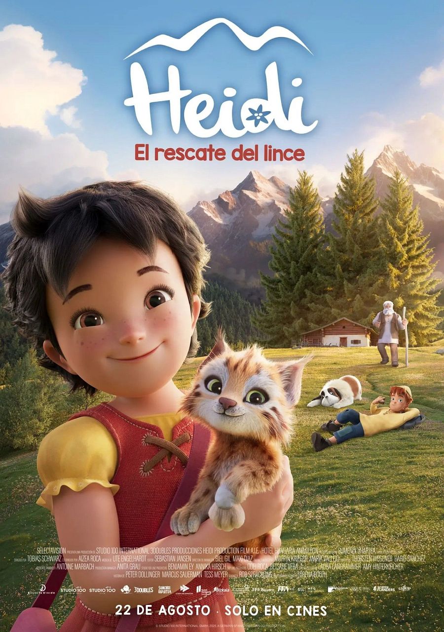 Heidi, con un lince, y su abuelo aparecen en este cartel de la película de animación 