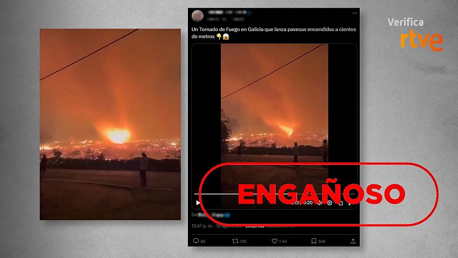 Mensaje de redes que descontextualiza el vídeo de un tornado de fuego en Portugal